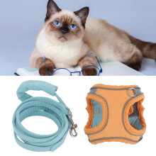 Imbracatura e Guinzaglio per Gatto in Camoscio Riflettente, Blu/Arancione, Regolabile