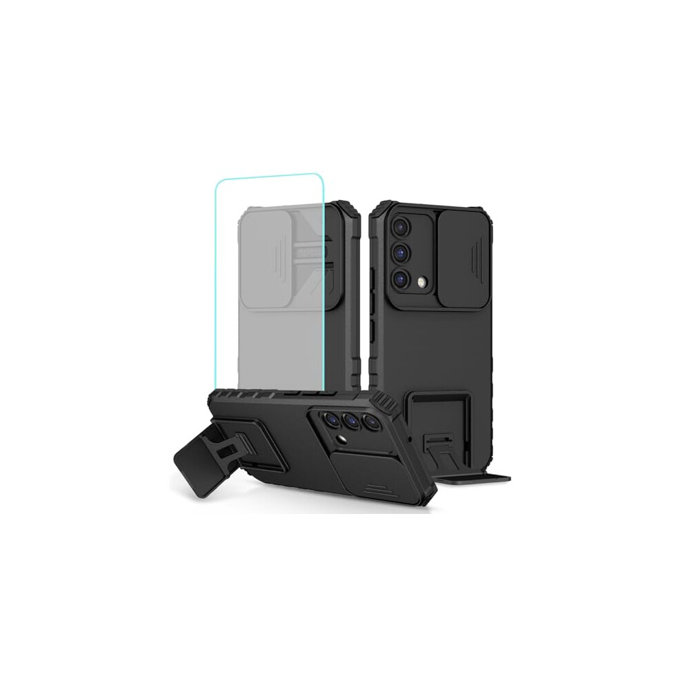 Case With Tempered Glass, Sliding Camera Cover And Kickstand For Oppo A74 4G And Oppo F19 Black 9053599226109