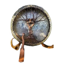 Handmade Shaman Drum Tree of Life Eagle Design Leather and Wood Authentic Craft QNQA4