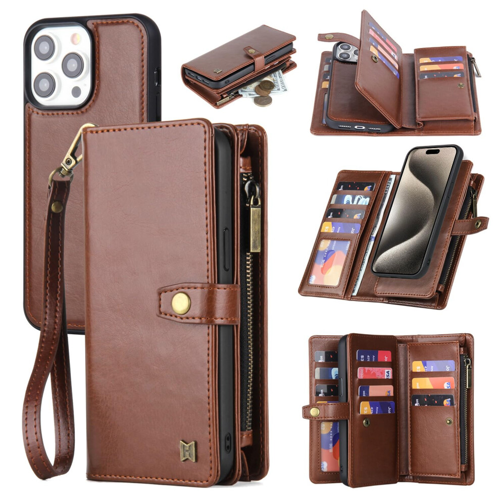 Leather Wallet Case For Iphone 14 Pro Max With 11 Card Slots, Zipper Pocket, Magnetic Detachable Design 9053599226376