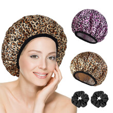 2Pack Extra Large Waterproof Shower Cap for Long Hair Women, Double Layer, Leopard Print, Brown