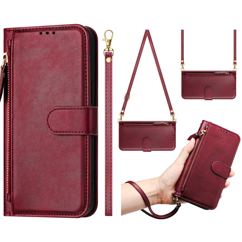 Wallet Case With Card Holder Leather Flip Folio Kickstand Crossbody For Samsung Galaxy S24 Red 9053599226703