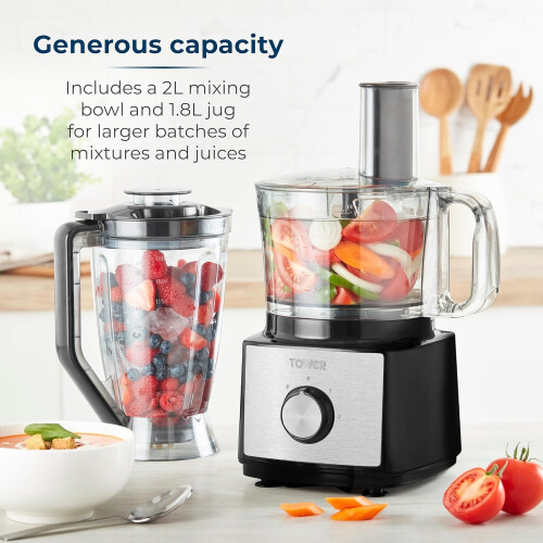 Tower Tower Multi Function Food Processor with 2L Bowl & 1.8L Jug Blender Black 750W 2