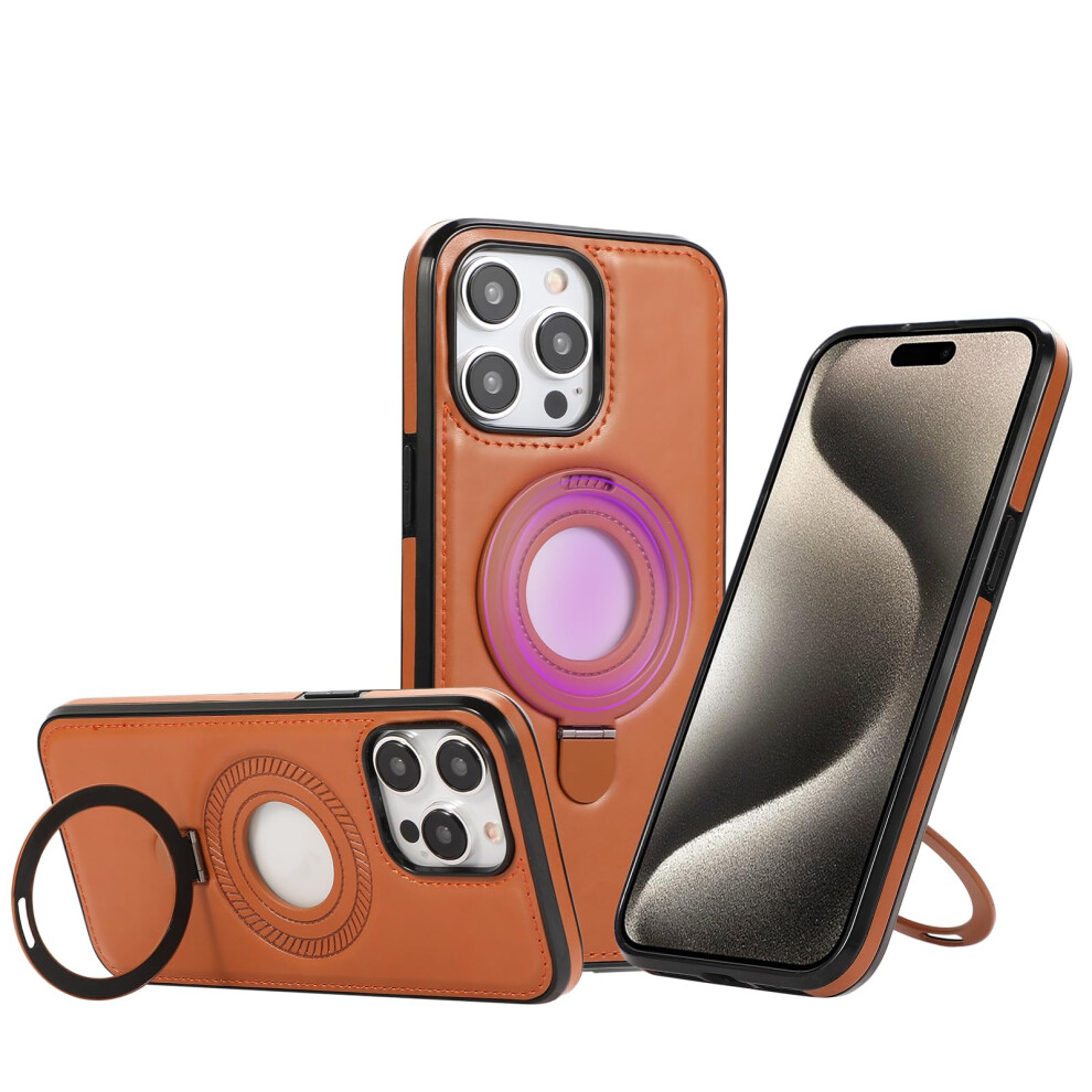 Leather Case With Foldable Kickstand And Shockproof Slim Design For Magsafe Iphone 15 Pro Brown 9174973740322