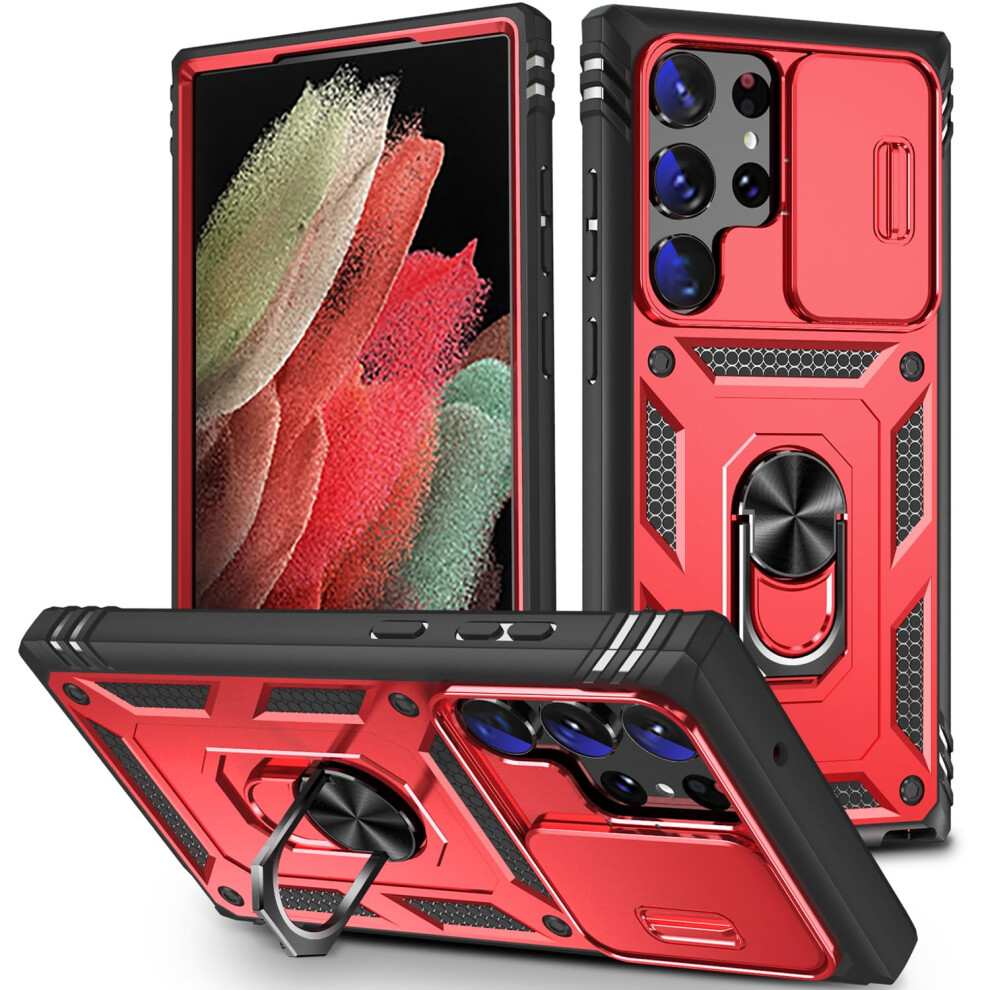 Case For Samsung Galaxy S23 Ultra With Sliding Camera Cover, 360 Kickstand, Military Grade Shockproof, Red Black Black,Red 9174973740506