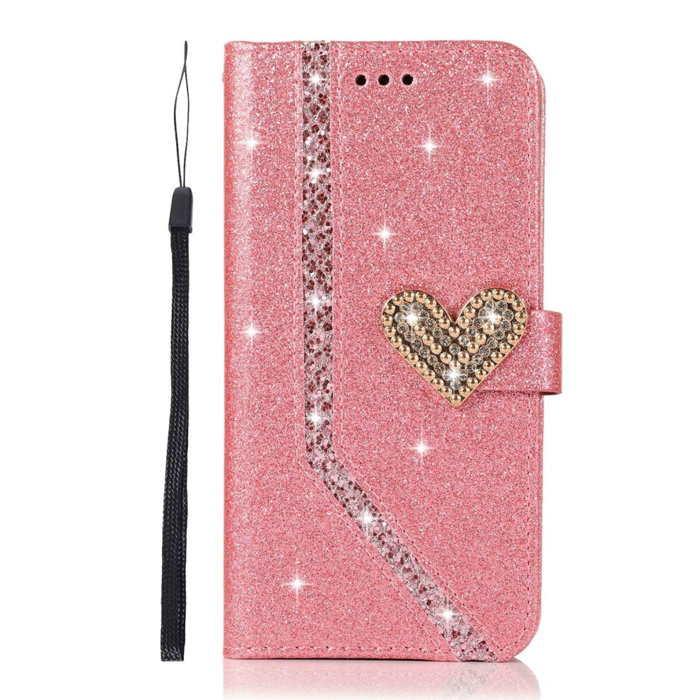 Glitter Wallet Case Rose With Diamond Heart, Card Slots And Kickstand For Huawei P30 Lite Red 9053599227205
