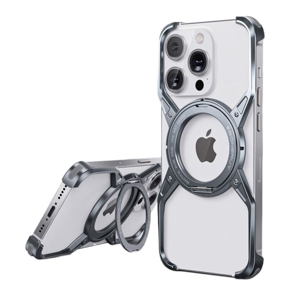 Magnetic Metal Case With 360 Rotation Stand, Slim Shockproof Aluminum Alloy Cover For Iphone 15 (Gray) Gray 9174973740810