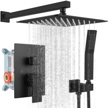 10 Inch Rain Shower System with Handheld Matte Black Head and Valve Set Wall Mounted Pressure Balanced