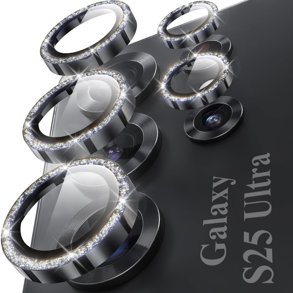 Glitter Camera Lens Protector With Metal Ring Tempered Glass, For Samsung Galaxy S25 Ultra Black 9174973742968