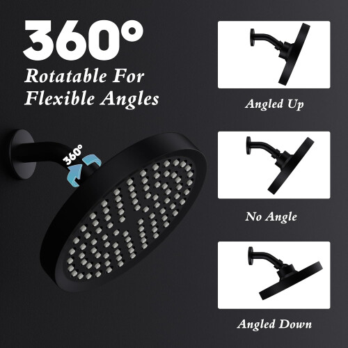 6 Inch  Pressure Rainfall Shower Head Matte Black 360 Adjustable Wide Spray Coverage 1