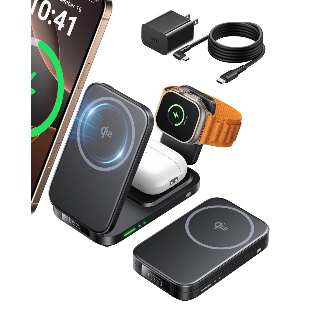 3 In 1 Wireless Charging Station Charger 15W Foldable Stand For Iphone Apple Watch Airpods Black 9174973743750