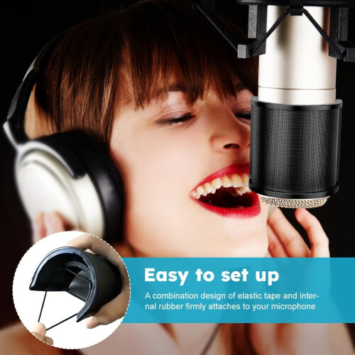 Microphone Pop Filter with Metal Mesh Windscreen, UShaped TripleLayer Noise Reduction Shield for Studio Recording, Black 2