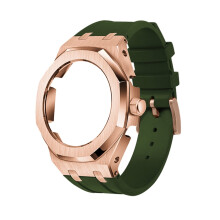Green Rubber Strap with Protective Rose Gold Case and Buckle Lock for Casio GA2100 GA2110