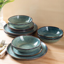 Vintage Blue 24Piece Ceramic Dinnerware Set for 8, Handmade Reactive Glaze, Chip and Crack Resistant, Microwave and Dishwasher Safe