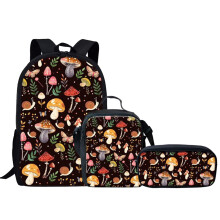 Girls School Backpack Set with Lunch Bag and Pencil Case, Cartoon Mushroom Print, Lightweight Design