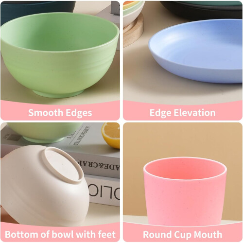 Wheat Straw Dinnerware Set for 4, 16Piece Unbreakable Microwave Dishwasher Safe Colorful Tableware 1