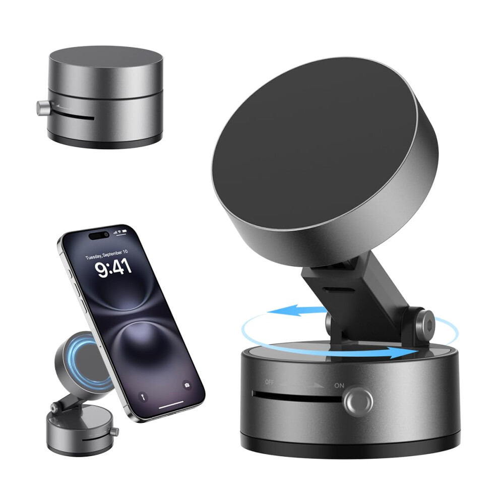 Magnetic Car Phone Mount With 360 Rotation, Retractable Vacuum Suction Cup For Dashboard And Windshield 9174973746096