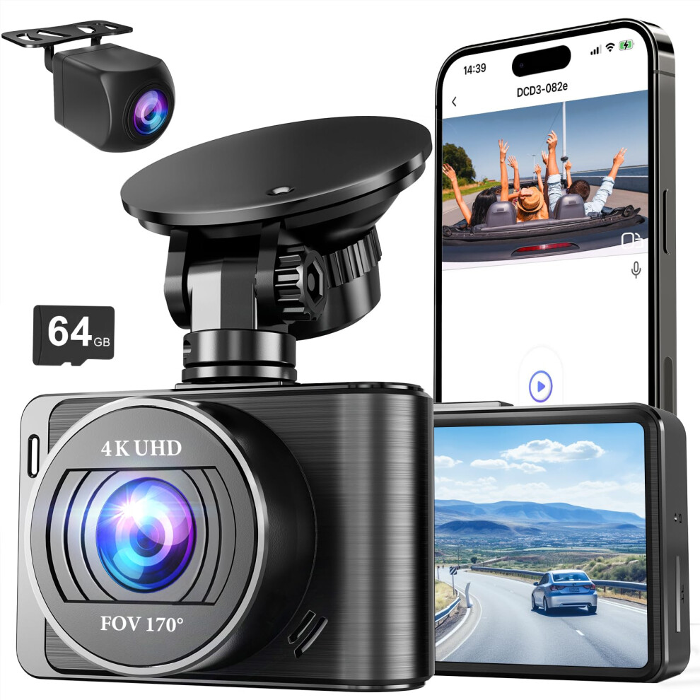 4K Front And Rear Dual Dash Cam With Wifi, Night Vision, Parking Mode, 64Gb Card, Gsensor 9455672152808