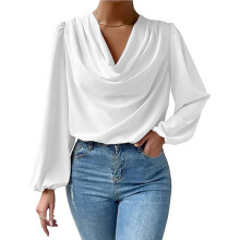 Chemisier à manches longues pour femme, couleur unie, au design simple et élégant, avec drapé sur le devant. Haut polyvalent à superposer pour