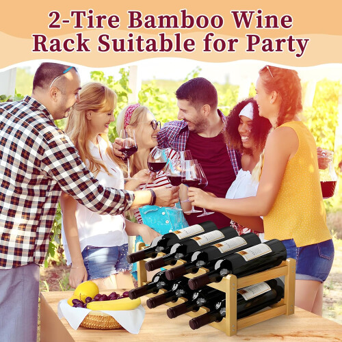 Bamboo Wine Rack 2 Tier 16Bottle SpaceSaving Solid Wood Holder for Kitchen Bar Cabinet 2