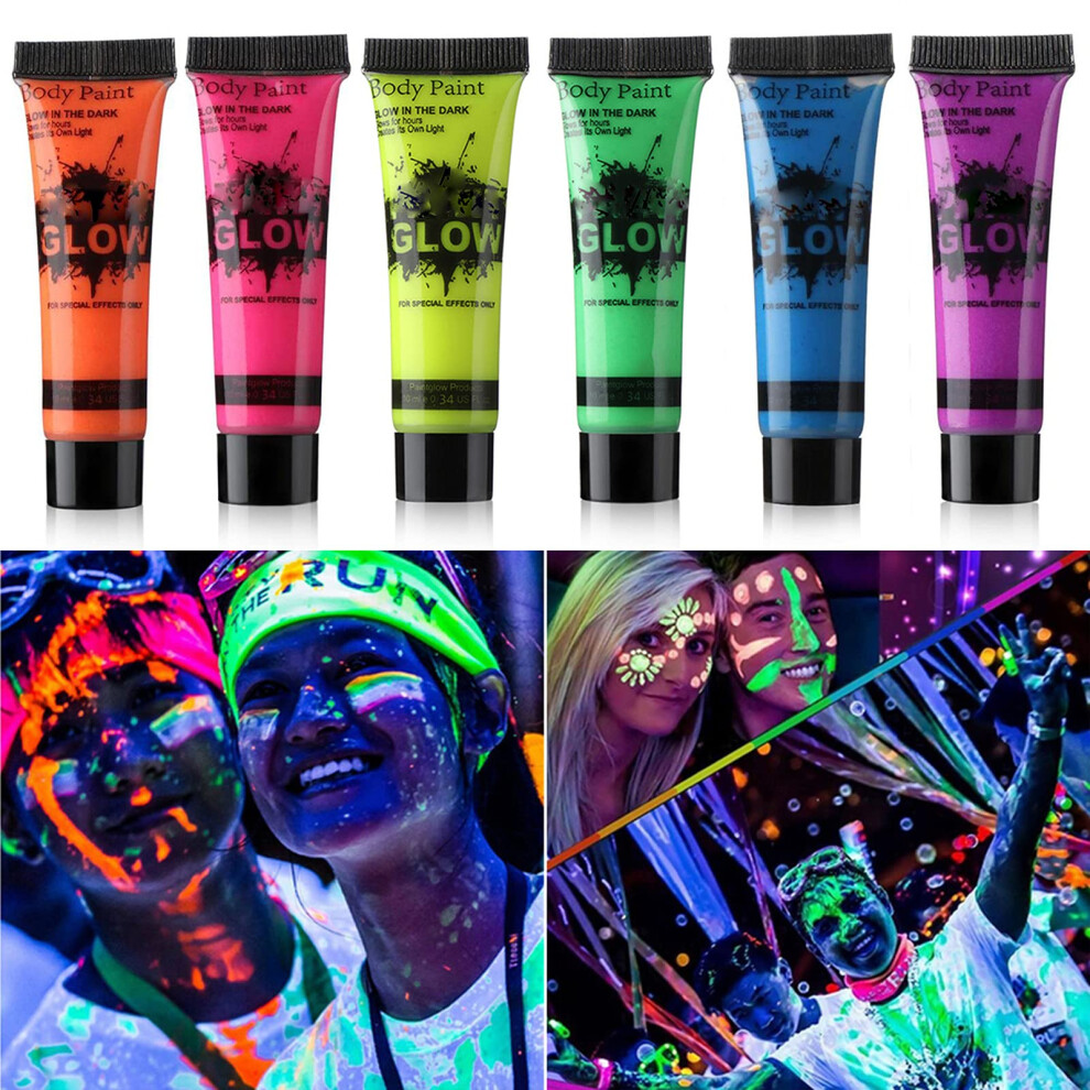 Dark Uv Body Paint Set Glow In The Neon Face And Body Paint 6 Vibrant Colors Blacklight Reactive
