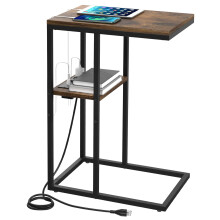 C Shaped End Table with Charging Station and Storage for Sofa or Bed, USB Ports and Outlets, Rustic Brown