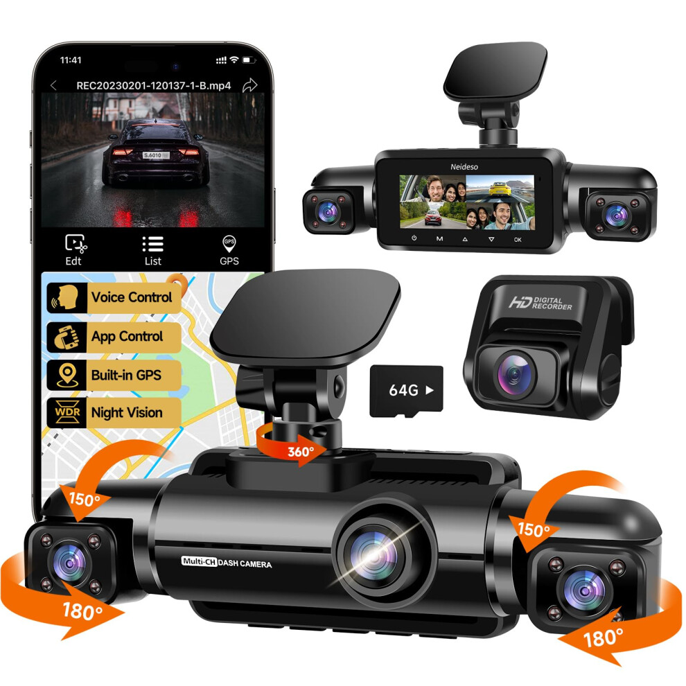 4 Channel 360 Degree Dash Cam With Gps Wifi, Front 2K And Rear 1080P, Night Vision, 64Gb Sd Card 9169991851266