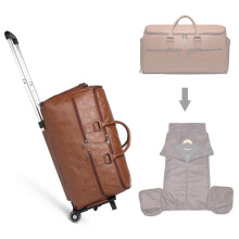 Garment Bag with Wheels Convertible PU Leather Carry On Suitcase with Shoe Compartment Brown