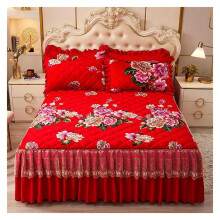 Velvet Bed Skirt King Size with Elegant Lace, Luxury Draped Design, Conceals Underbed Storage