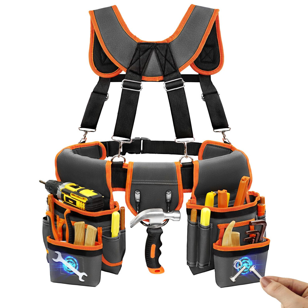 Magnetic Tool Belt With Suspenders, Heavy Duty Adjustable 18Pocket Utility Belt For Electricians And Carpenters, Gray And Orange 32'66' 9092120636048