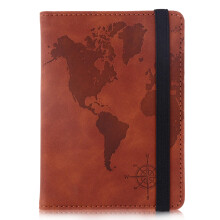 RFID Blocking Leather Passport Wallet with Card Slots and Elastic Strap Closure for Travel (Map Brown)