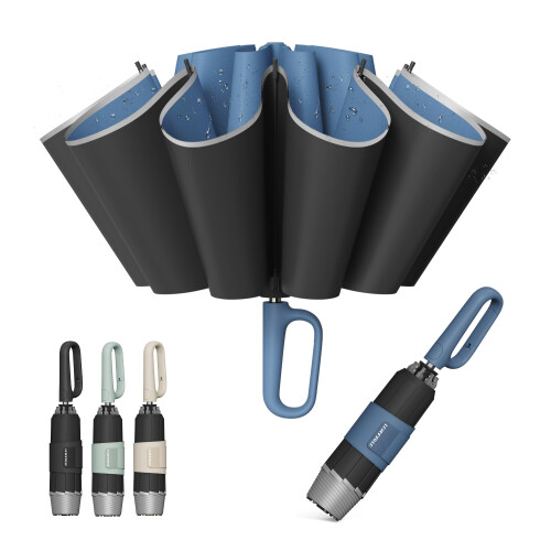 Reverse Umbrella with Carabiner Handle, Windproof UV Protection Compact Folding Design, 10 Ribs Blue