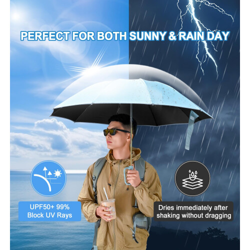 Reverse Umbrella with Carabiner Handle, Windproof UV Protection Compact Folding Design, 10 Ribs Blue 2