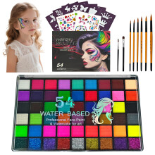 Face Paint Kit, 54 Colors Water Activated Palette with Brushes, Stencils and Gems for Halloween, Parties, Festivals