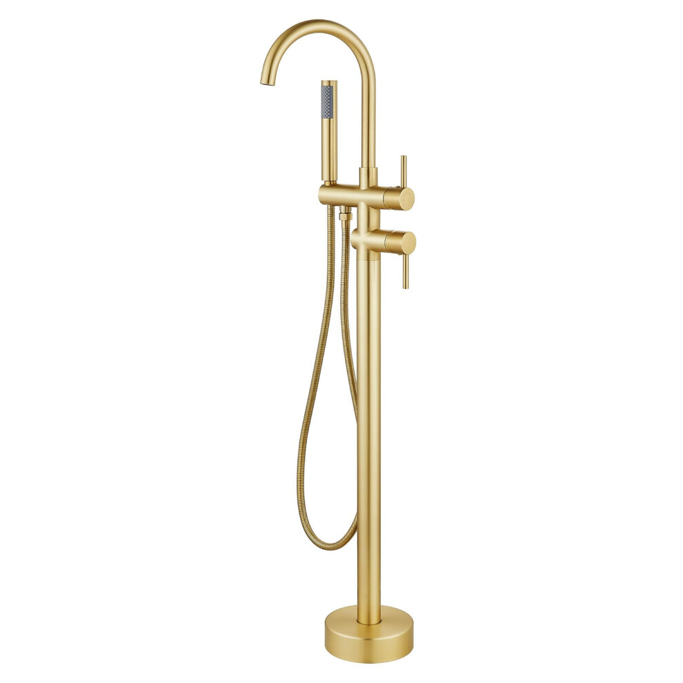 Brushed Gold Freestanding Tub Faucet Flow 360 Swivel Spout Floor Mount Bath Tap With Hand Shower 9455672154543