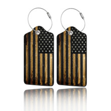 2 Pack Leather Luggage Tags with Privacy Cover for Suitcase and Travel Bag Wood American Flag