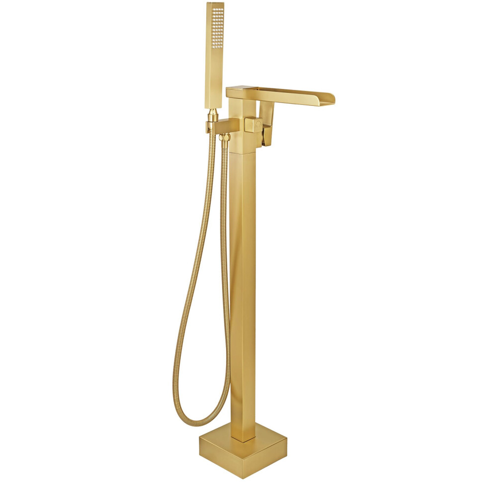 Brushed Gold Freestanding Tub Faucet With Hand Shower, Flow Waterfall Brass Floor Mount Filler 9455672155007
