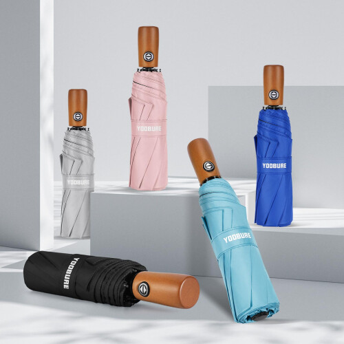Windproof Travel Umbrella with Wood Handle, Automatic Open Large Canopy, Compact and Lightweight 2