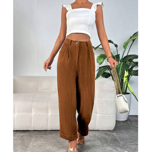 Ρετρό Σικ Κοτλέ Παντελόνι Γυναικείο Business Casual Παντελόνι Ελαστικό Ψηλόμεσο Κουμπί 2