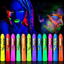 12 Color Glow in the Dark Face Paint Crayons, UV Neon Body Paint for Halloween, Parties and Festivals