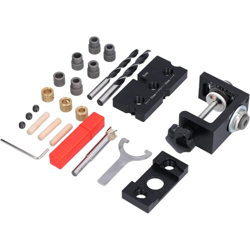 Woodworking Drill Guide Jig with Adjustable Dowelling Jig, Aluminum Alloy, 3 Drill Bits, Precise Drilling 1