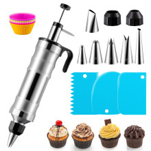Cake Decorating Kit with Stainless Steel Piping Tips, 6 Nozzles, 9 Silicone Molds, Scrapers