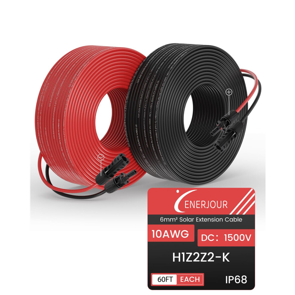 60Ft 10 Awg Solar Extension Cable With Connectors, Tinned Copper Pv Wire Red And Black Waterproof 9169991806211