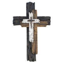 Decorative Wall Cross with Rustic Weathered Wood Finish, Large Polyresin Design for Home or Church Decor