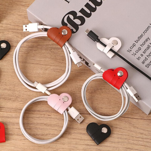 5Pcs PU Leather Heart Shaped Cable Organizer Clips, Reusable Cord Management Set for Tangle Storage 2