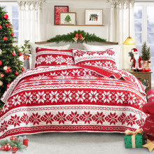 Twin Size Christmas Quilt Set Red and White Snowflake Reversible Holiday Bedspread Soft Microfiber