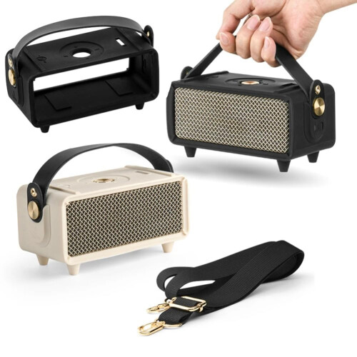 Shockproof Silicone Protective Case with Handle and Shoulder Strap Black for Marshall Emberton II