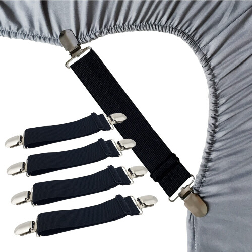 Bed Sheet Straps with Adjustable Tension Control, Durable Elastic Fitted Sheet Clips for Secure Corner Grip, Black