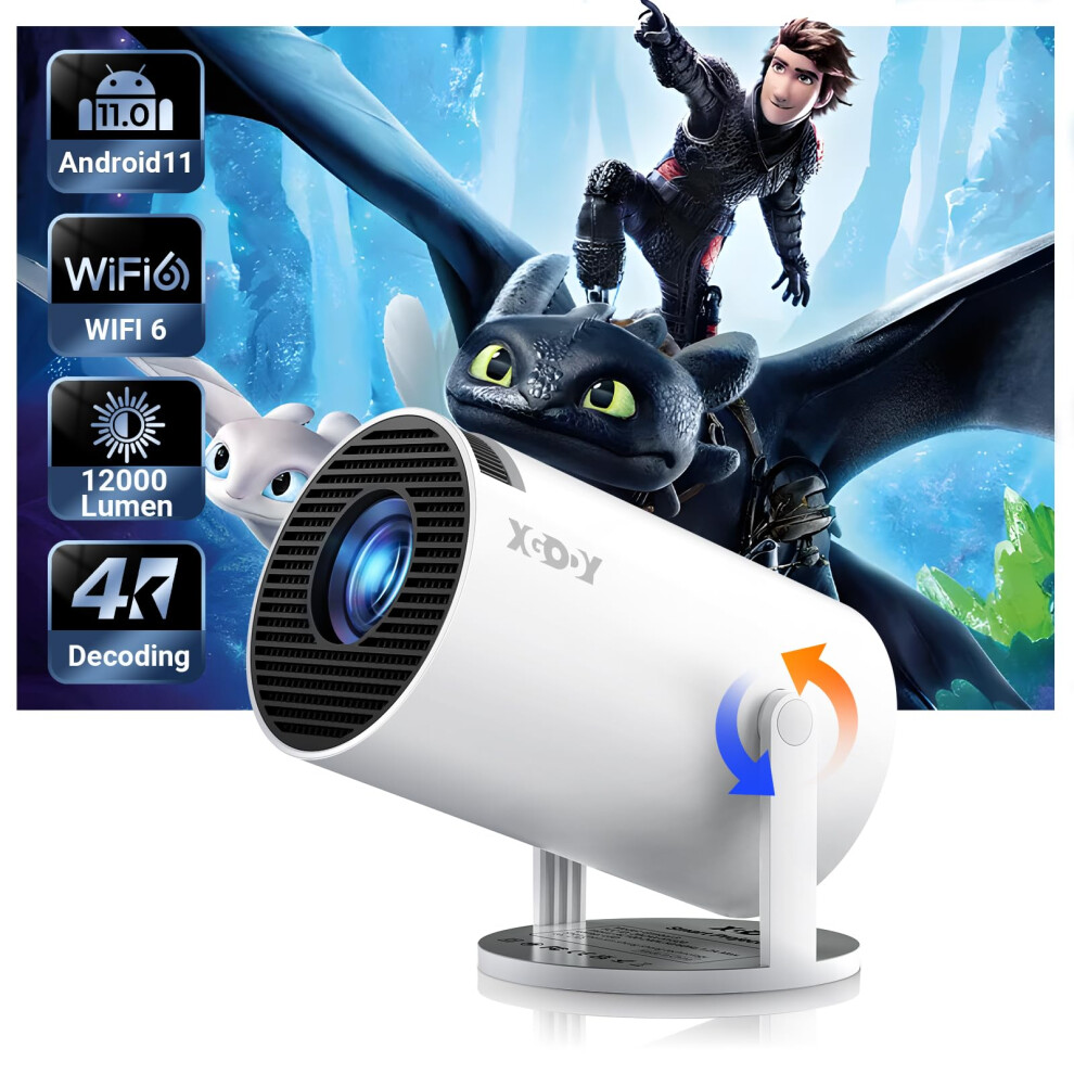 Smart Portable Projector Wifi 6 Bluetooth 5.0 12000 Lumens 4K Android 11 Auto Keystone Home Theater White 9455672164894