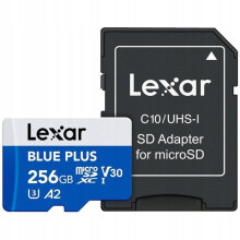 Lexar microSDHC Blue Plus UHS-I met SD-adapter, tot 170 Mo/s in lezen C10/A2/U3 (V30) 256 Go
